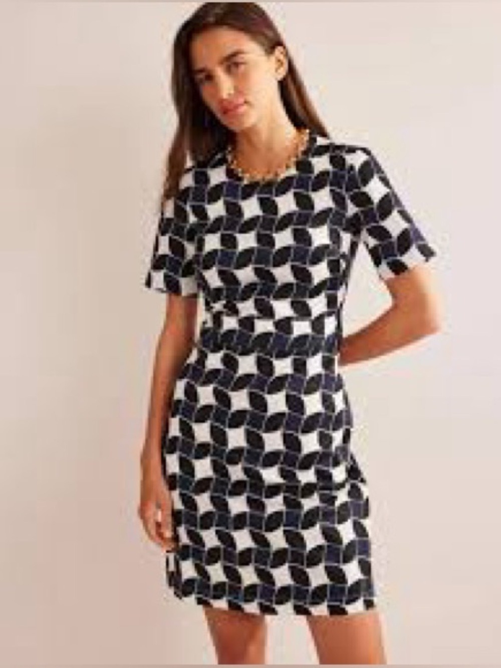Boden Alexa Geometric Print Cotton Shift Dress Navy White Black 12 EUC‎